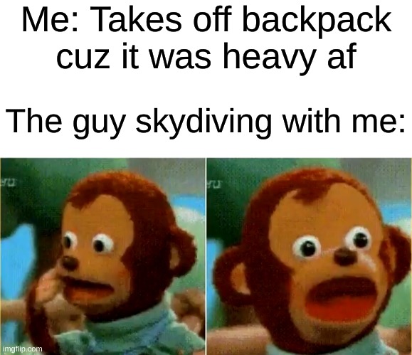 What? It was heavy. *realization* Wait... OH NOOOOO! *Dies of death* | Me: Takes off backpack cuz it was heavy af; The guy skydiving with me: | image tagged in surprised monkey puppet,memes,skydiving,funny,relatable,quiet kid | made w/ Imgflip meme maker