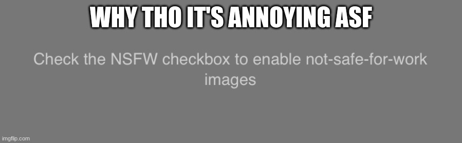 Check the nsfw checkbox to enable NSFW images | WHY THO IT'S ANNOYING ASF | image tagged in check the nsfw checkbox to enable not-safe-for-work images | made w/ Imgflip meme maker