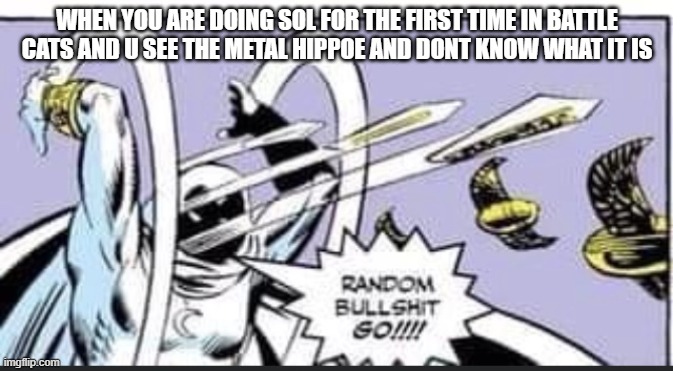 Not having lvl 40 nanaho be like | WHEN YOU ARE DOING SOL FOR THE FIRST TIME IN BATTLE CATS AND U SEE THE METAL HIPPOE AND DONT KNOW WHAT IT IS | image tagged in random bullshit go | made w/ Imgflip meme maker