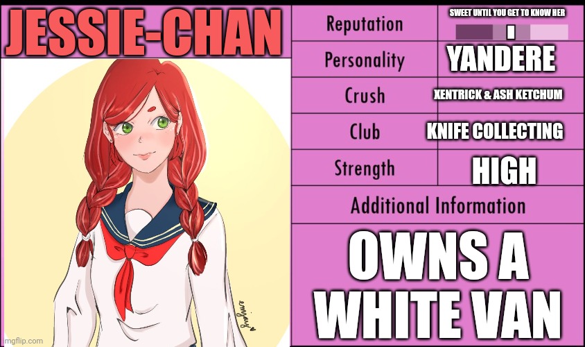 Jessie joins the battle | SWEET UNTIL YOU GET TO KNOW HER; JESSIE-CHAN; YANDERE; XENTRICK & ASH KETCHUM; KNIFE COLLECTING; HIGH; OWNS A WHITE VAN | image tagged in yandere simulator student info,jessie,pokemon,anime girl | made w/ Imgflip meme maker