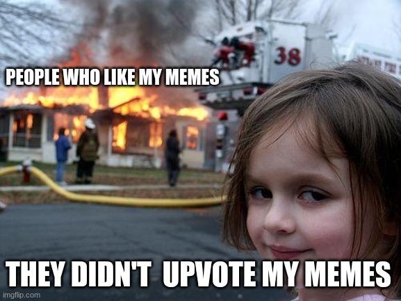 meme.02 | PEOPLE WHO LIKE MY MEMES; THEY DIDN'T  UPVOTE MY MEMES | image tagged in memes,disaster girl | made w/ Imgflip meme maker