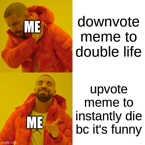 Drake Hotline Bling Meme | downvote meme to double life upvote meme to instantly die bc it's funny ME ME | image tagged in memes,drake hotline bling | made w/ Imgflip meme maker