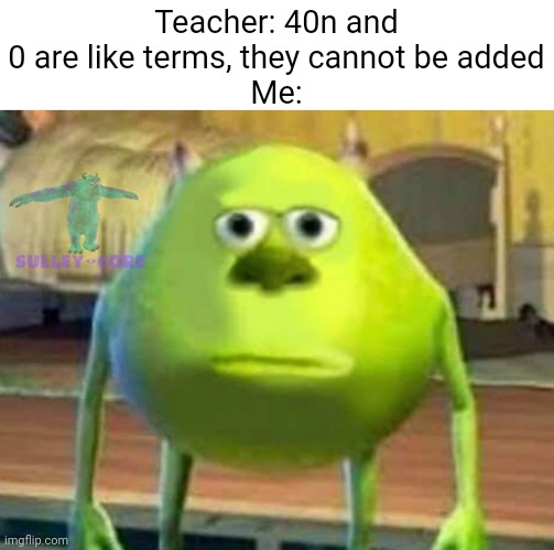 Meme #555 | Teacher: 40n and 0 are like terms, they cannot be added
Me: | image tagged in monsters inc,math,teacher,memes,school,terms and conditions | made w/ Imgflip meme maker