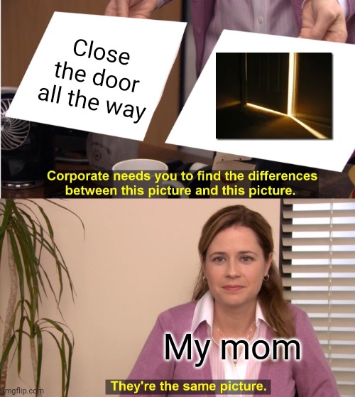 Meme #556 | Close the door all the way; My mom | image tagged in memes,they're the same picture,moms,relatable,doors,funny | made w/ Imgflip meme maker