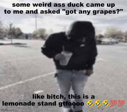 some weird ass duck came up to me and asked "got any grapes?"; like bitch, this is a lemonade stand gtfoooo 🤣🤣🤣💯💯 | made w/ Imgflip meme maker