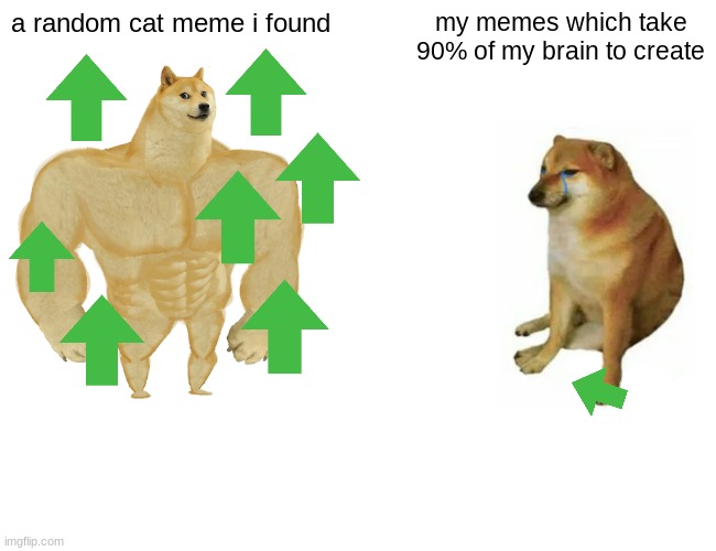 i hope this meme does well cause im literally working so hard to find a good meme | a random cat meme i found; my memes which take 90% of my brain to create | image tagged in memes,buff doge vs cheems | made w/ Imgflip meme maker