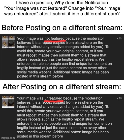 I have a question | I have a question, Why does the Notification "Your image was not featured" Change into "Your image was unfeatured" after I submit it into a different stream? Before Posting on a different stream:; After Posting on a different stream: | image tagged in imgflip | made w/ Imgflip meme maker