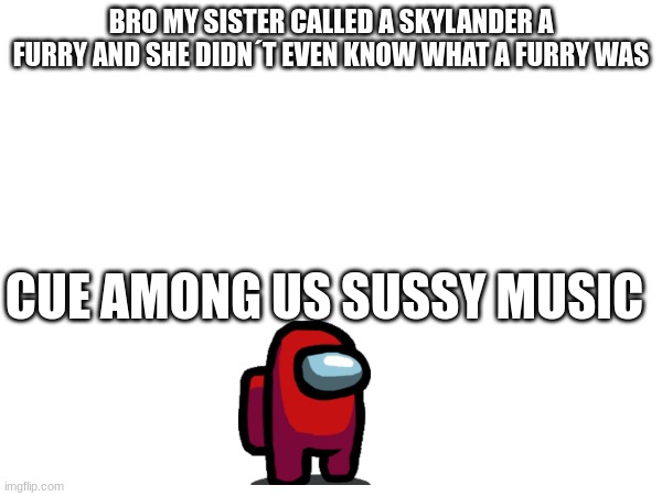help my sister CassandraBowman by commenting on one of her memes what a furry is | BRO MY SISTER CALLED A SKYLANDER A FURRY AND SHE DIDN´T EVEN KNOW WHAT A FURRY WAS; CUE AMONG US SUSSY MUSIC | image tagged in bro,furry,furries | made w/ Imgflip meme maker