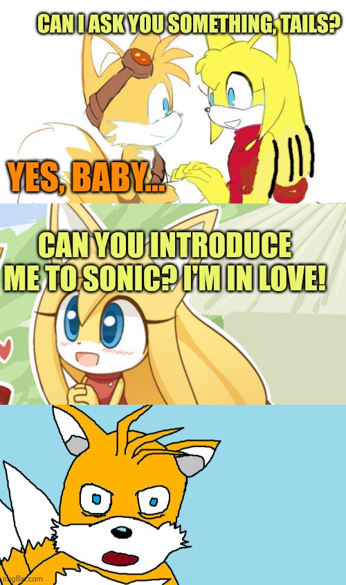 Tails gets trolled | CAN I ASK YOU SOMETHING, TAILS? YES, BABY... CAN YOU INTRODUCE ME TO SONIC? I'M IN LOVE! | image tagged in tails gets trolled template original meme,tails the fox,sonic the hedgehog,zooey the fox | made w/ Imgflip meme maker