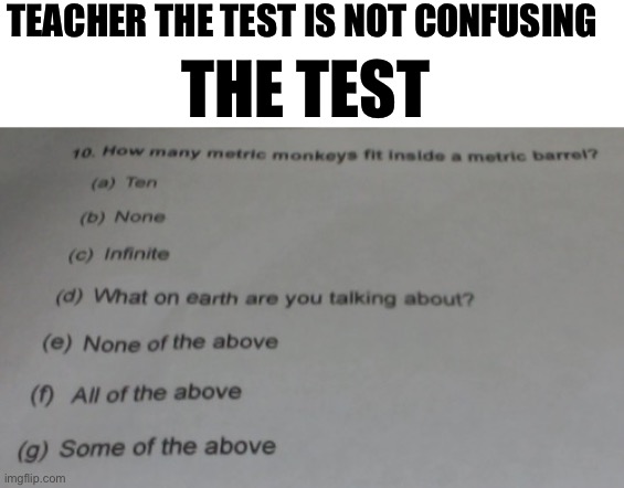 The test is not confusing | TEACHER THE TEST IS NOT CONFUSING; THE TEST | image tagged in school,funny memes,memes | made w/ Imgflip meme maker