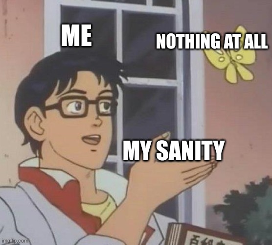 Is This A Pigeon Meme | ME; NOTHING AT ALL; MY SANITY | image tagged in memes,is this a pigeon | made w/ Imgflip meme maker