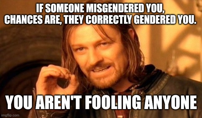 One Does Not Simply | IF SOMEONE MISGENDERED YOU,  CHANCES ARE, THEY CORRECTLY GENDERED YOU. YOU AREN'T FOOLING ANYONE | image tagged in memes,one does not simply | made w/ Imgflip meme maker
