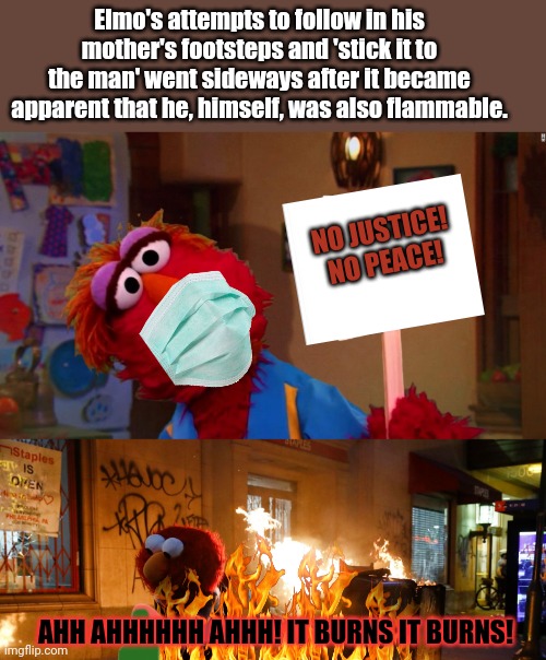 Burn it down! | Elmo's attempts to follow in his mother's footsteps and 'stick it to the man' went sideways after it became apparent that he, himself, was also flammable. NO JUSTICE!
NO PEACE! AHH AHHHHHH AHHH! IT BURNS IT BURNS! | image tagged in puppet,lives matter,burn it down,peaceful,protest | made w/ Imgflip meme maker