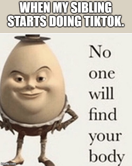 No one will find your body | WHEN MY SIBLING STARTS DOING TIKTOK. | image tagged in no one will find your body,tiktok sucks,dark humor,funny,memes | made w/ Imgflip meme maker