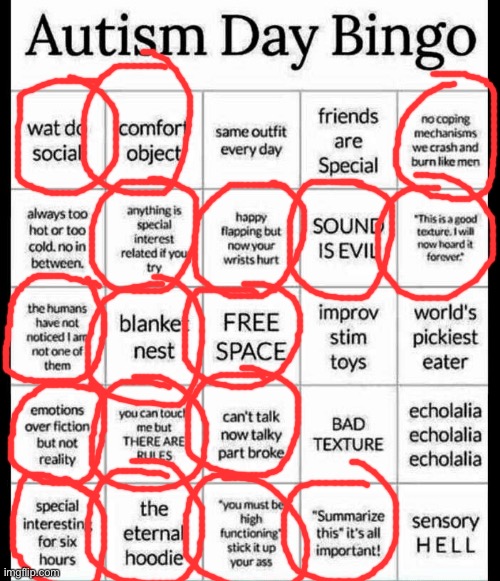 My Autistic Life in a Nutshell | image tagged in autism bingo,autism,nutshell | made w/ Imgflip meme maker