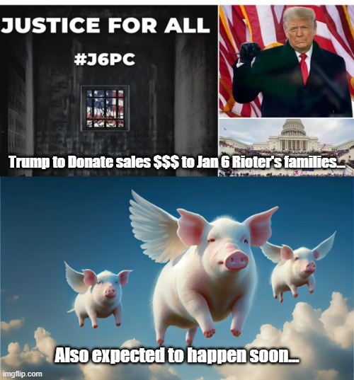 Trump Jan 6 | Trump to Donate sales $$$ to Jan 6 Rioter's families... Also expected to happen soon... | made w/ Imgflip meme maker