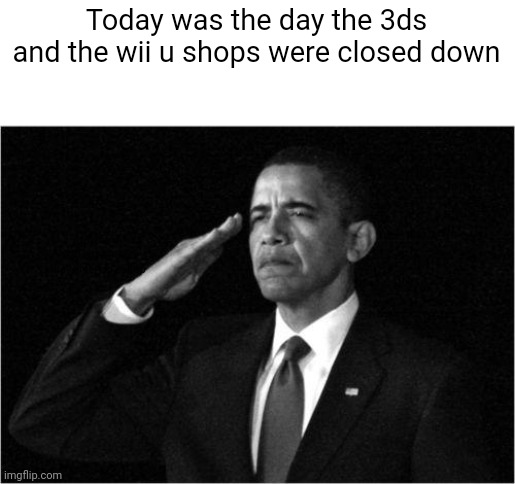 obama-salute | Today was the day the 3ds and the wii u shops were closed down; Upvote if you remember the Nintendo eshop | image tagged in obama-salute | made w/ Imgflip meme maker