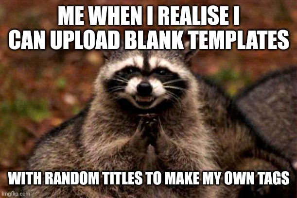 You guys try this | ME WHEN I REALISE I CAN UPLOAD BLANK TEMPLATES; WITH RANDOM TITLES TO MAKE MY OWN TAGS | image tagged in memes,evil plotting raccoon | made w/ Imgflip meme maker