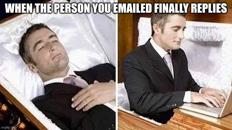 Yay :D | WHEN THE PERSON YOU EMAILED FINALLY REPLIES | image tagged in deceased man in coffin typing | made w/ Imgflip meme maker