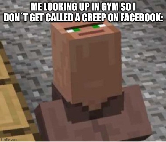 2023 gym | ME LOOKING UP IN GYM SO I DON´T GET CALLED A CREEP ON FACEBOOK: | image tagged in minecraft villager looking up,gym memes,2023 | made w/ Imgflip meme maker