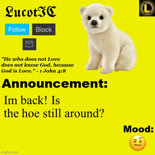 . | Im back! Is the hoe still around? 🤨 | image tagged in lucotic polar bear announcement temp v3 | made w/ Imgflip meme maker