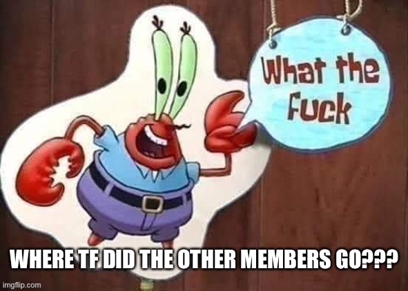 What the mr krabs | WHERE TF DID THE OTHER MEMBERS GO??? | image tagged in what the mr krabs | made w/ Imgflip meme maker