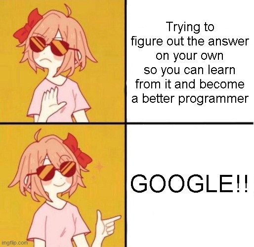 no yes girl | Trying to figure out the answer on your own so you can learn from it and become a better programmer; GOOGLE!! | image tagged in no yes girl | made w/ Imgflip meme maker