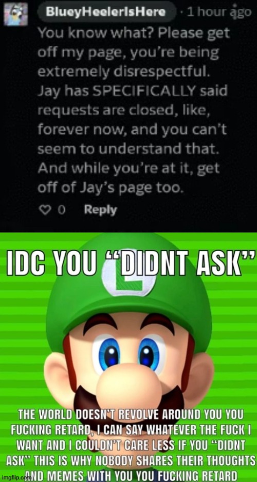 image tagged in bluey,deviantart,comment,luigi,didn't ask,i don't care | made w/ Imgflip meme maker