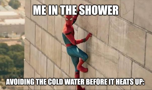 Just me? | ME IN THE SHOWER; AVOIDING THE COLD WATER BEFORE IT HEATS UP: | image tagged in spiderman,shower,cold | made w/ Imgflip meme maker