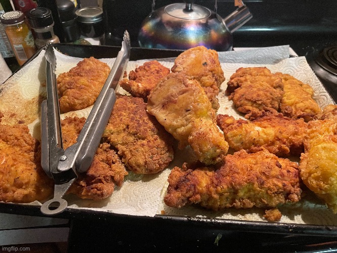 My mom made homemade fried chicken for my step dads birthday (I was unfortunately not there to help her) | image tagged in cooking,fried chicken | made w/ Imgflip meme maker