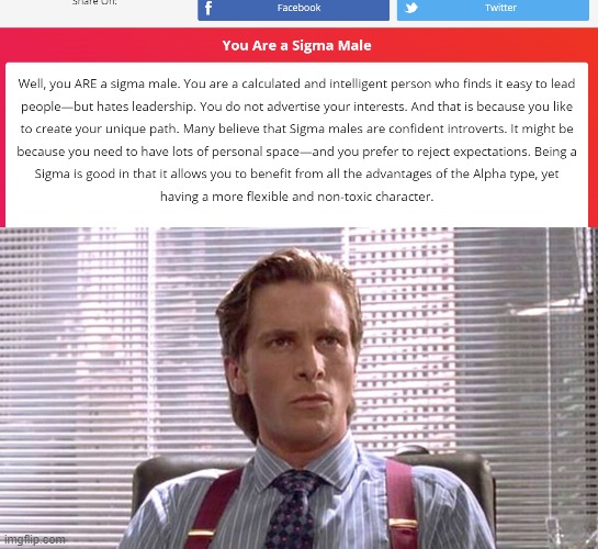 i took this quiz bc im bored | image tagged in american psycho - sigma male desk | made w/ Imgflip meme maker