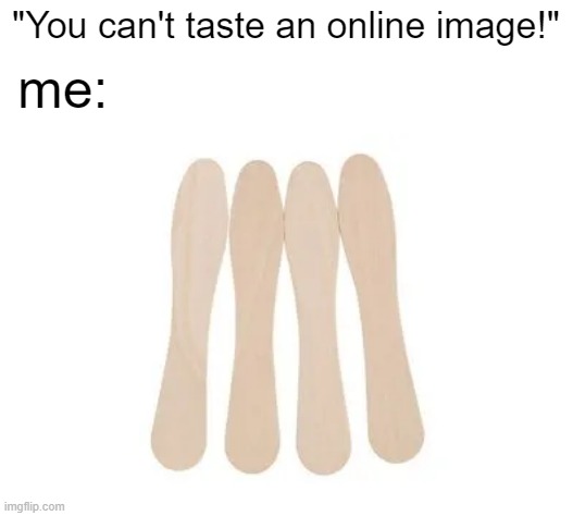 Ice cream tastes better with wooden ice cream spoons | "You can't taste an online image!"; me: | image tagged in memes,ice cream spoon,please dont add,please become funny | made w/ Imgflip meme maker