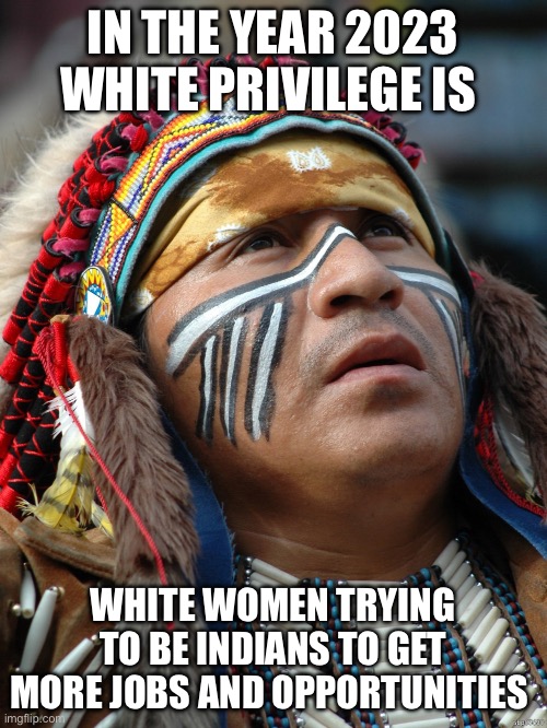 native indian | IN THE YEAR 2023 WHITE PRIVILEGE IS; WHITE WOMEN TRYING TO BE INDIANS TO GET MORE JOBS AND OPPORTUNITIES | image tagged in native indian | made w/ Imgflip meme maker