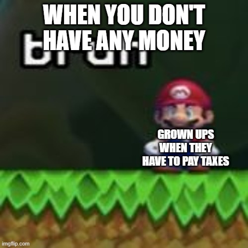 bruh mario | WHEN YOU DON'T HAVE ANY MONEY; GROWN UPS WHEN THEY HAVE TO PAY TAXES | image tagged in bruh mario | made w/ Imgflip meme maker