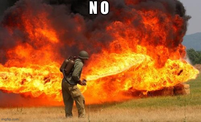 Nope flamethrower | N O | image tagged in nope flamethrower | made w/ Imgflip meme maker