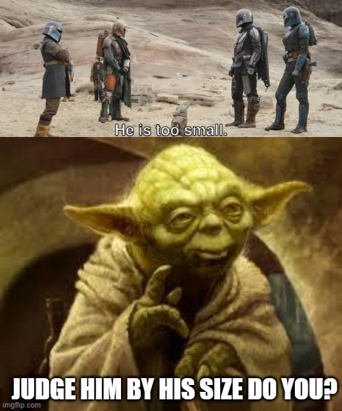 Grogu, Small? | JUDGE HIM BY HIS SIZE DO YOU? | image tagged in yoda | made w/ Imgflip meme maker