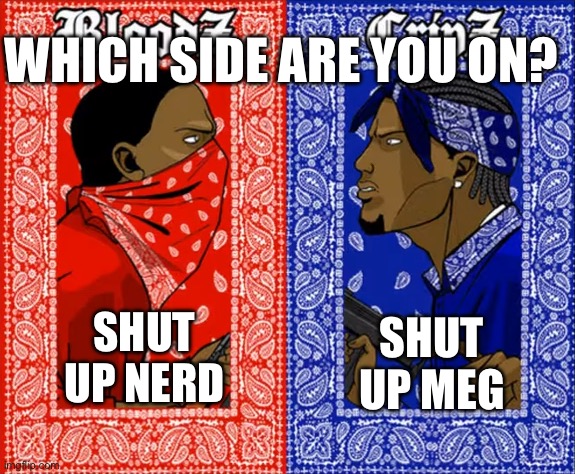 I’m on team shut up nerd | WHICH SIDE ARE YOU ON? SHUT UP MEG; SHUT UP NERD | image tagged in which side are you on,memes,funny memes,family guy | made w/ Imgflip meme maker