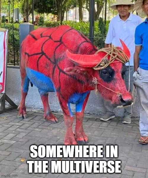 Spider Cow...Spider Cow... | SOMEWHERE IN THE MULTIVERSE | image tagged in spiderman | made w/ Imgflip meme maker