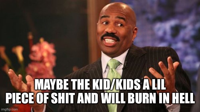 Steve Harvey Meme | MAYBE THE KID/KIDS A LIL PIECE OF SHIT AND WILL BURN IN HELL | image tagged in memes,steve harvey | made w/ Imgflip meme maker