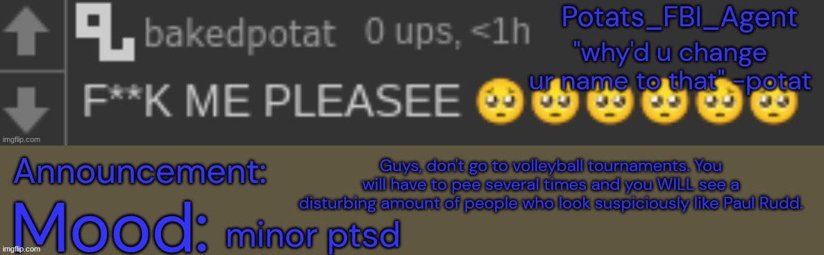 Seriously, I'm not joking about the Paul Rudd thing | Guys, don't go to volleyball tournaments. You will have to pee several times and you WILL see a disturbing amount of people who look suspiciously like Paul Rudd. minor ptsd | image tagged in potat downbad real 1 1 1 1 1 1 1 | made w/ Imgflip meme maker