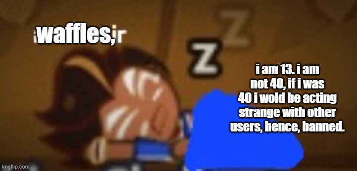 a mirmir choco ball | waffles, i am 13. i am not 40, if i was 40 i wold be acting strange with other users, hence, banned. | image tagged in a mirmir choco ball | made w/ Imgflip meme maker