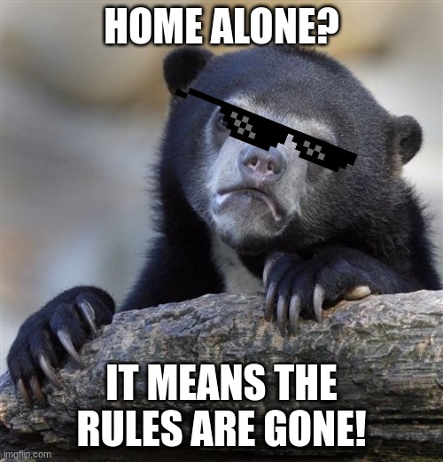 Confession Bear Meme | HOME ALONE? IT MEANS THE RULES ARE GONE! | image tagged in memes,confession bear | made w/ Imgflip meme maker