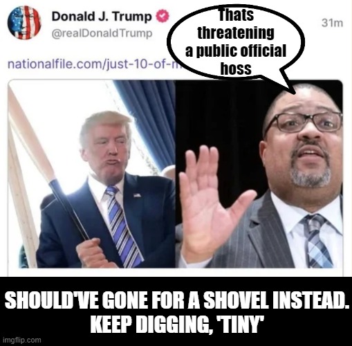 Keep Digging, Tiny ! | Thats
threatening a public official
hoss; SHOULD'VE GONE FOR A SHOVEL INSTEAD.
KEEP DIGGING, 'TINY' | image tagged in trump,criminal,digging your own hole,bragg,indictment | made w/ Imgflip meme maker