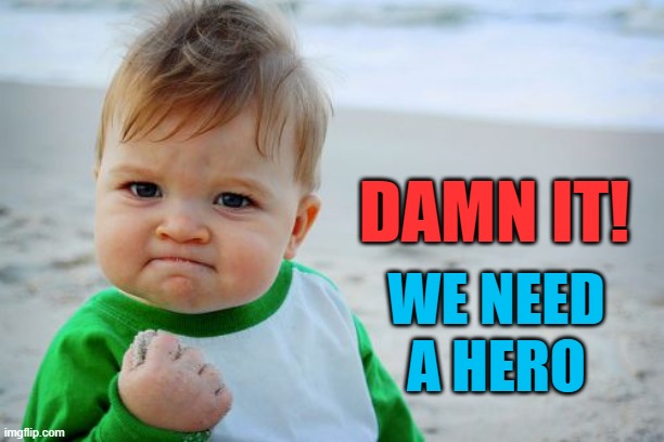 Success Kid Original Meme | DAMN IT! WE NEED A HERO | image tagged in memes,success kid original | made w/ Imgflip meme maker