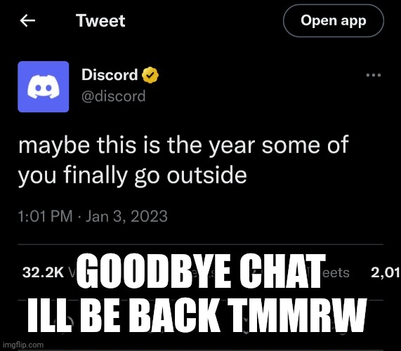 Getting comment banned for ratioing is crazy tho | GOODBYE CHAT ILL BE BACK TMMRW | image tagged in discord outside | made w/ Imgflip meme maker