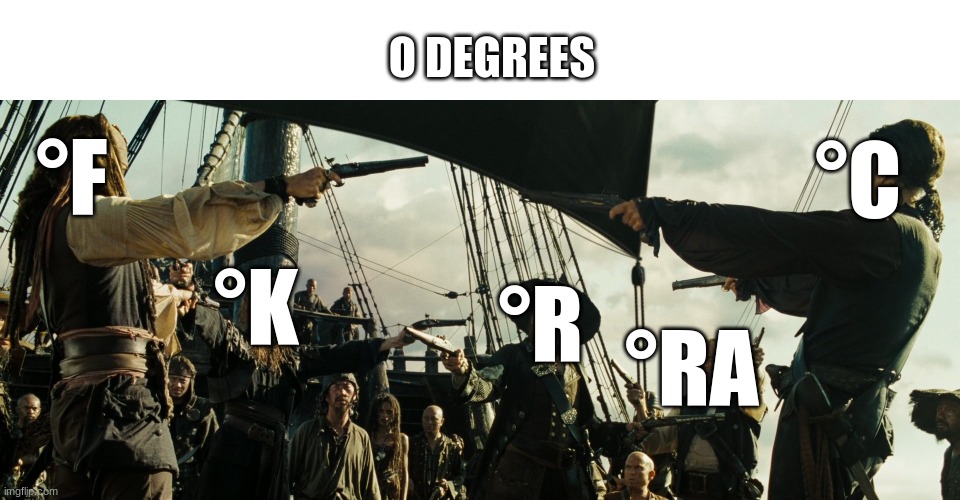 ITS ALWAYS DIFFERENT | O DEGREES; °C; °F; °K; °R; °RA | image tagged in pirates of the caribbean gun pointing | made w/ Imgflip meme maker