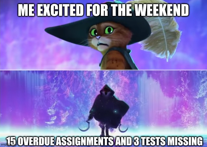 Scary | ME EXCITED FOR THE WEEKEND; 15 OVERDUE ASSIGNMENTS AND 3 TESTS MISSING | image tagged in puss and boots scared | made w/ Imgflip meme maker