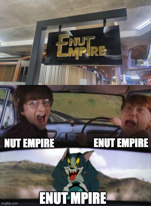What | ENUT EMPIRE; NUT EMPIRE; ENUT MPIRE | image tagged in tom chasing harry and ron weasly,you had one job,memes,funny | made w/ Imgflip meme maker