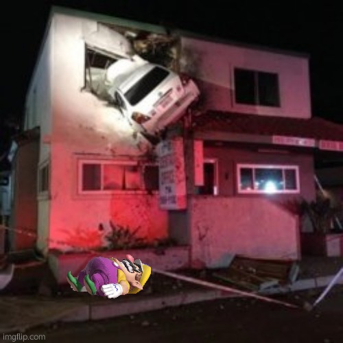 Wario Crashes His Car | image tagged in car crash upper floor,wario dies | made w/ Imgflip meme maker