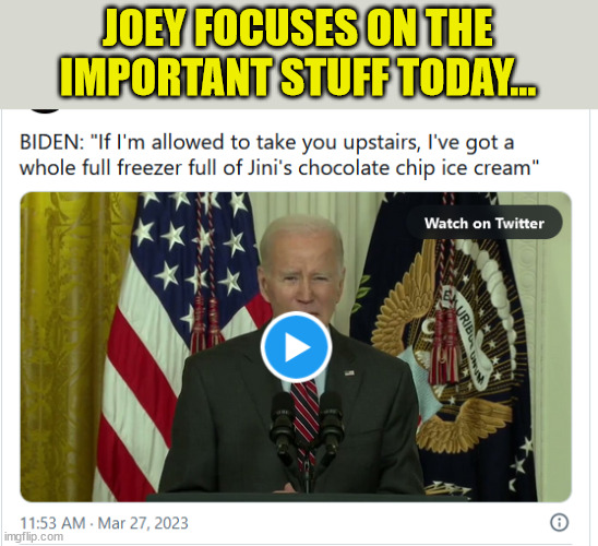 Ice cream is very important... | JOEY FOCUSES ON THE IMPORTANT STUFF TODAY... | image tagged in dementia,joe biden | made w/ Imgflip meme maker